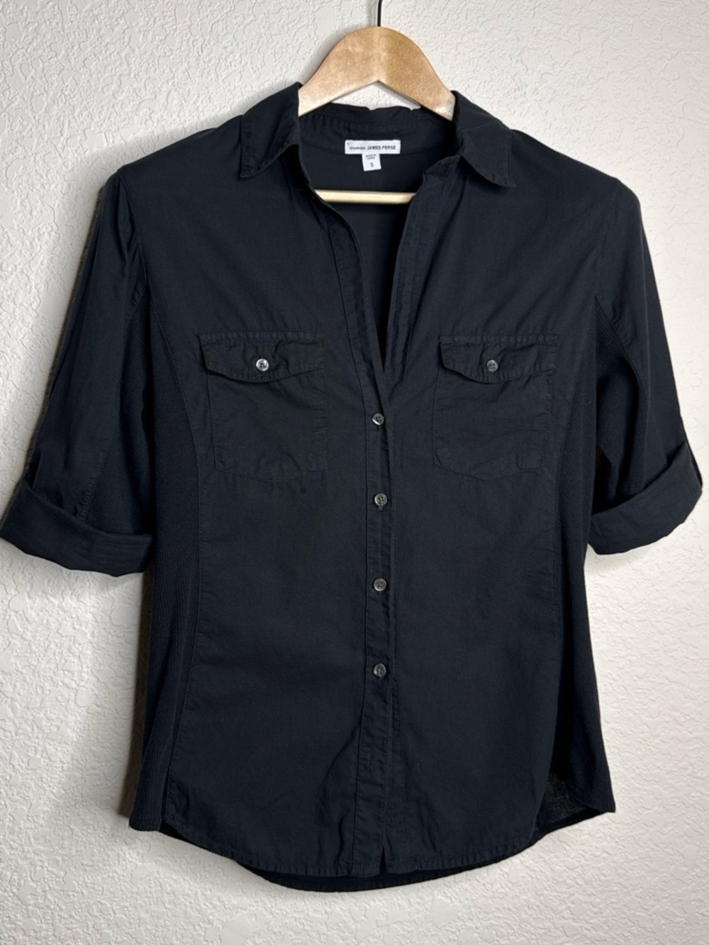 James Perse Slub Side Panel Button Up Shirt Black Size 3/L Roll Tab Sleeves